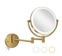 LEDOOLE Hardwired Bathroom Makeup Mirror Wall Mount Gold, Double Sided 1/10X Magnifying Make up Mirror with Lights 3 Color & Adjustable Brightness, 360 Swing Arm Shaving Mirror, Brushed Moderne Brass