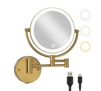 LEDOOLE Rechargeable Wall Mounted Lighted Makeup Mirror with Magnification, 8 Inches 1X/10X Double Sided, Touch Dimmable 360 Swivel Extendable Arm Vanity Shaving Mirror, Brushed Moderne Brass