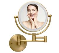 LEDOOLE Wall Mounted Makeup Mirror with Lights, 1/10X Double Sided Rechargeable Led Wall Magnifying for Bathroom, 8” Lighted Mountable Vanity Arm Extendable Shaving Antique Brass