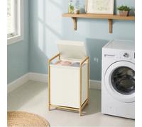 LEDREM 2-Section Clothes Hamper, Bamboo Laundry Basket With Removable Lid And Bag, For Bedroom, 100 L, White