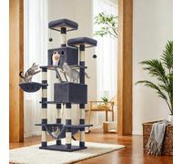 LEDREM 206 Cm Cat Tree, Large Cat Tower With 13 Cat Scratching Posts, 2 Perches, 2 Caves, Hanging Basket & Hammock, Pompoms