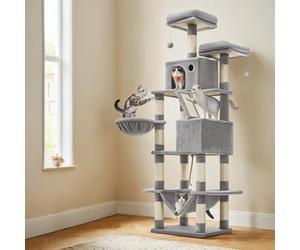 LEDREM 206 Cm Cat Tree, Large Cat Tower With 13 Cat Scratching Posts, 2 Perches, 2 Caves, Hanging Basket & Hammock, Pompoms