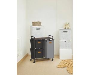 LEDREM 3-Compartment Laundry Hamper, 100 L Laundry Cart With Shelves, Chestnut Brown, Black And Dove Gray