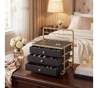 LEDREM 3-Layer Jewelry Organizer, Metal Frame Drawer Box With Hanging Rack, For Vanity, Open Storage, Black
