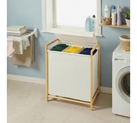 LEDREM 3-Section Clothes Hamper, Bamboo Laundry Basket With Removable Lid And Bag, For Bedroom, 150 L, White