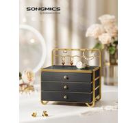 LEDREM 3-Tier Jewellery Box, Drawer Jewellery Organiser, With Open Storage, Hanging Rack, For Vanity Table, Metal Frame