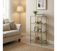 Ledrem 4-Tier Bookshelf, Slim Shelving Unit For Bedroom, Bathroom, Home Office, Tempered Glass, Steel Frame, Gold Color