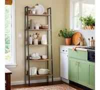 LEDREM 5 Tier Bookcase, Ladder Shelf Slim Shelf, Open Standing Shelf For Study Living Room Bedroom Kitchen, Rustic Brown And Black