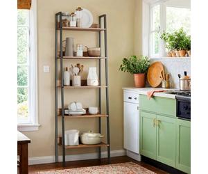 LEDREM 5 Tier Bookcase, Ladder Shelf Slim Shelf, Open Standing Shelf For Study Living Room Bedroom Kitchen, Rustic Brown And Black