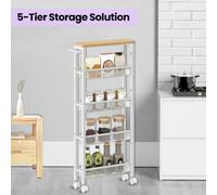 LEDREM 5-Tier Slim Storage Cart, Rolling Cart With Handle, Metal Frame, For Living Room, Kitchen, Dining Room, Oak Beige And White