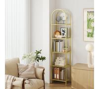LEDREM 5-Tier Storage Rack, Glass Display Shelf, Bookcase With Steel Frame And Arch Design, Shelving Unit, Gold Color