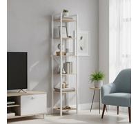 LEDREM 6-Tier Tall Bookshelf, Narrow Bookcase With Steel Frame, Skinny Book Shelf For Living Room, Study, Natural