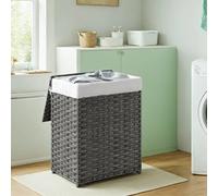 LEDREM 90 L Laundry Basket, Foldable Synthetic Rattan Storage Basket With Lid And Handles, Removable Liners, Laundry Room, Grey
