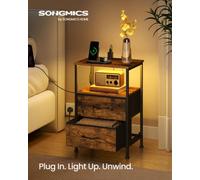 LEDREM Bedroom Bedside Table With Led Lights And Charging Station, Nightstand With 2 Drawers And 1 Shelf, Brown And Black