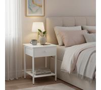 LEDREM Bedside Table With Drawer And Shelf, Modern End Table, Steel Frame, For Bedroom Or Living Room, Easy Assembly, White