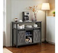 LEDREM Buffet Cabinet, Sideboard With 2 Sliding Barn Doors, Adjustable Shelves, 33 X 100 X 80 Cm, For Living Room, Gray And Black
