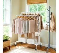 LEDREM Clothes Rack, Double-Rod Clothing Rack With Wheels, Heavy-Duty Garment Rack, Clothes Storage And Display, White