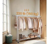 LEDREM Clothes Rack On Wheels, Heavy Duty Clothes Rail, 45 X (160-200) X 161.5 Cm, With Extendable Hanging Rail, 150 Kg Load Capacity