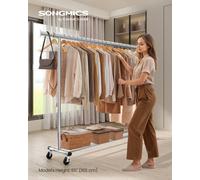 LEDREM Clothes Rack On Wheels, Heavy Duty Clothes Rail,with Extendable Hanging Rail, 150 Kg Load Capacity,silver