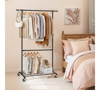LEDREM Clothes Rack, Rolling Clothing Rack, Adjustable Middle Rail, With Shelf, 49 X 130 X 198 Cm, 2 Lockable Wheels, Bedroom, Black