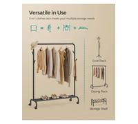 LEDREM Clothes Rail, Clothes Rack, Single Clothes Hanging Rail, Heavy-Duty Metal Frame, With Wheels And Shelf