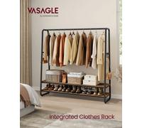 LEDREM Clothes Rail, Clothes Rack With 2 Shelves, 6 S-Shaped Hooks, Steel Frame, For Bedroom, Rustic Brown And Black Rgr119B0