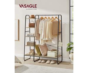 LEDREM Clothes Rail, Clothes Rack With Shoe Shelf, 5-Tier Storage Rack, 6 Side Hooks, Turquoise Brown And Matte Black