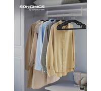 SONGMICS Coat Hangers, Pack of 50, Heavy-Duty Plastic Clothes Hangers, with Wide Shoulder Notches, Trousers Bar, 360° Swivel Hook, Space-Saving, 41.6 x 21.4 cm, for Wardrobe, Ink Black CRP060B01
