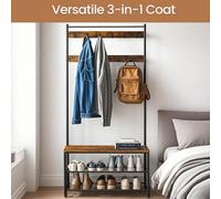 VASAGLE Coat Rack, Coat Stand with Shoe Storage Bench, Hall Tree with Shoe Rack, 3-in-1 Design, Steel Frame, for Hallway, Entrance, 32 x 85 x 175 cm, Industrial, Rustic Brown and Black HSR401B01