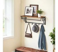 VASAGLE Coat Rack Wall-Mounted, Clothes Rail with 5 Removable Coat Hooks, Floating Shelf with Hanging Rail, for Hallway, Bedroom, Living Room, Rustic Brown and Black LCR102B01