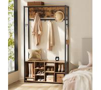 LEDREM Coat Stand, Hall Tree, Coat Rack With Shoe Rack, Storage Shelves, Hallway, Bedroom, 58 X 28 X 181 Cm, Ink Black And Camel Brown