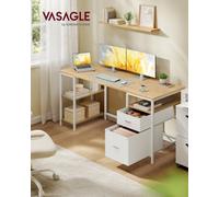 LEDREM Computer Desk, Work Desk With Storage, 3 Shelves, 2 Drawers, 160 X 60 X 76 Cm, For Home Office, Living Room, Natural Oak