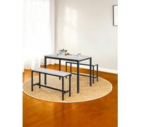 LEDREM Dining Table With 2 Benches, Set Of 3, Kitchen Table, 2 Dining Room Benches, Steel Frame, Marble White And Black