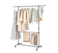 LEDREM Double Clothes Rail, Clothing Rack With Extendable Top Rail, Clothes Rail On Wheels, 113-180 Cm Height Adjustable, Middle Rail