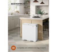 LEDREM Double Trash Bin, 60 L Steel Trash Can, With Soft-Close Lids, Double Inner Buckets, Pedals, Silve, White