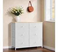 LEDREM Dresser, 6-Drawer Fabric Storage Unit, Metal Frame, For Bedroom, Hallway, Cream White And Oak