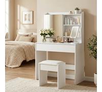LEDREM Dressing Table, Makeup Table With Mirror, Vanity Table With Adjustable Shelves, Drawer, Storage Cabinet, Makeup Organiser
