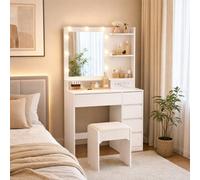 Ledrem Dressing Table With Led Mirror And Charging Station, 5 Drawers, 80 X 40 X 144.3 Cm, White