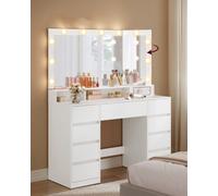 Ledrem Dressing Table With Tri-Fold Mirror, 11 Led Lights, 9 Drawers And Power Outlets, 107 X 40 X 144 Cm, White