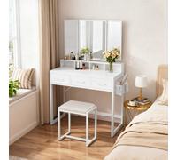 Ledrem Dressing Table With Tri-Fold Mirror And Stool, Makeup Desk With 3 Drawers, 90 X 40 X 141 Cm, White