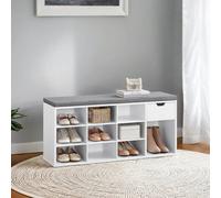 Ledrem Entryway Storage Bench With Cushion, Drawer And Open Compartments, White And Gray