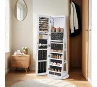 Songmics Full-Length Mirror Jewellery Cabinet With 6 Leds, Free-Standing Frameless Design, Lockable, White Surface, Black Lining