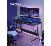 LEDREM Gaming Desk With Led Lights And Built-In Power Outlets, Computer Desk With Monitor Shelf, Gaming Table For 2 Monitors, Ebony Black
