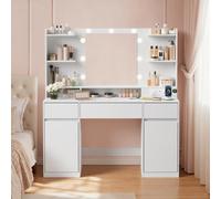 LEDREM Kailyn Collection - Dressing Table With Led Mirror, Vanity Desk With Power Outlets, 2 Cabinets, 9 Dimmable Bulbs, 3 Light Colours