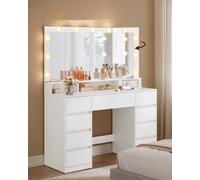 LEDREM Kailyn Collection - Dressing Table With Tri-Fold Mirror, Vanity Table With 11 Bulbs