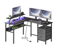LEDREM L-Shaped Desk With Power Outlets, Corner Desk, Computer Desk With Monitor Shelf, Gaming Desk With Led Lights