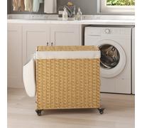 SONGMICS Laundry Basket, Handwoven Laundry Hamper, 140L Rattan-Style Washing Basket with 3 Compartments, Removable Liner, Handles, Lid, Living Ro