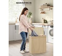 LEDREM Laundry Basket, Laundry Hamper, 130 L Bamboo Clothes Organiser, Removable Liner, Machine Washable Bag, With Lid, Handles