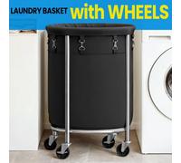 LEDREM Laundry Basket On Wheels, Laundry Trolley 110L, Round Laundry Hamper With Steel Frame And Removable Bag