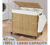 LEDREM Laundry Basket With Lid, 160 L, Rolling Laundry Hamper With Wheels, 3-Compartment Synthetic Rattan, Removable Liner